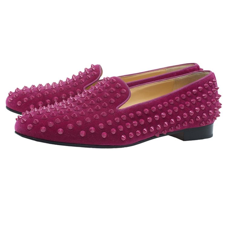 Pre Owned Christian Louboutin Hot Pink Velvet Rollerboy Spike Loafers Size 39