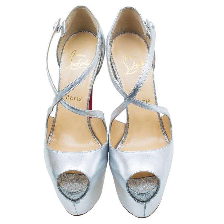 Pre Owned Christian Louboutin Metallic Silver  Leather Cross Me Peep Toe Platform Pumps Size 38