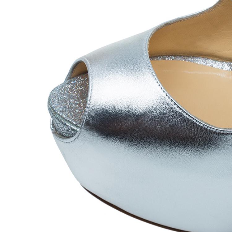Pre Owned Christian Louboutin Metallic Silver  Leather Cross Me Peep Toe Platform Pumps Size 38