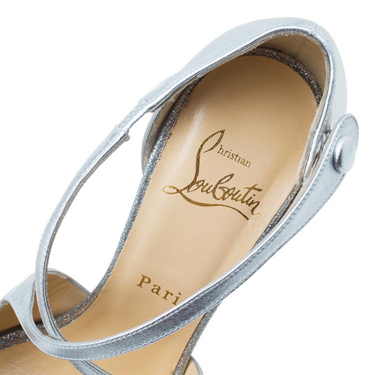 Pre Owned Christian Louboutin Metallic Silver  Leather Cross Me Peep Toe Platform Pumps Size 38