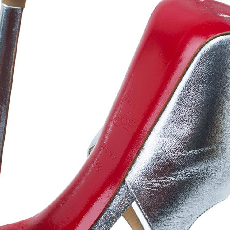 Pre Owned Christian Louboutin Metallic Silver  Leather Cross Me Peep Toe Platform Pumps Size 38