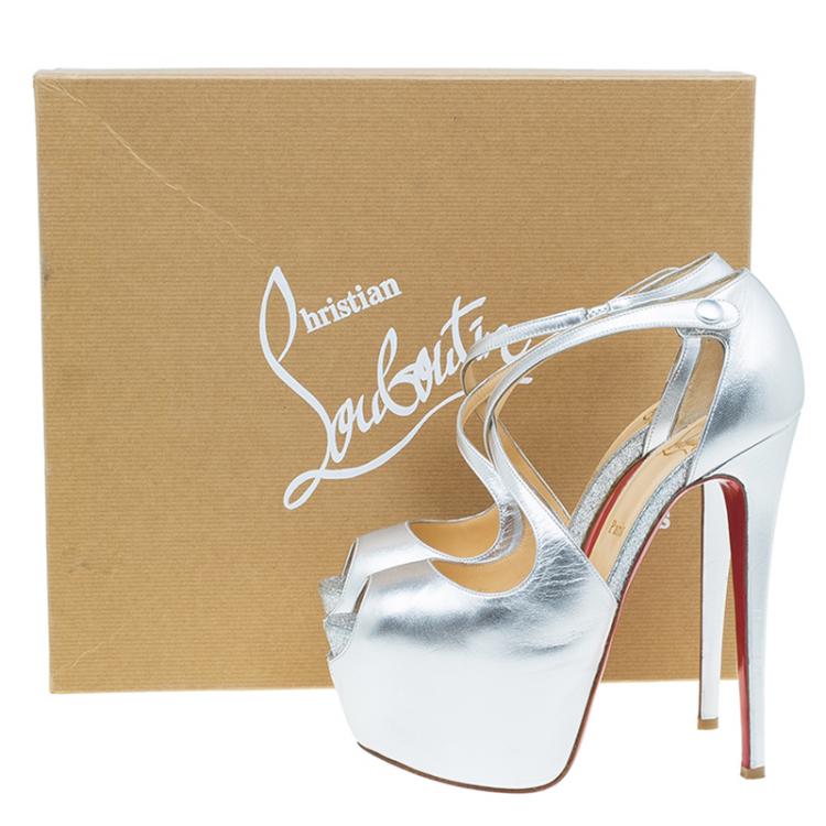 Pre Owned Christian Louboutin Metallic Silver  Leather Cross Me Peep Toe Platform Pumps Size 38
