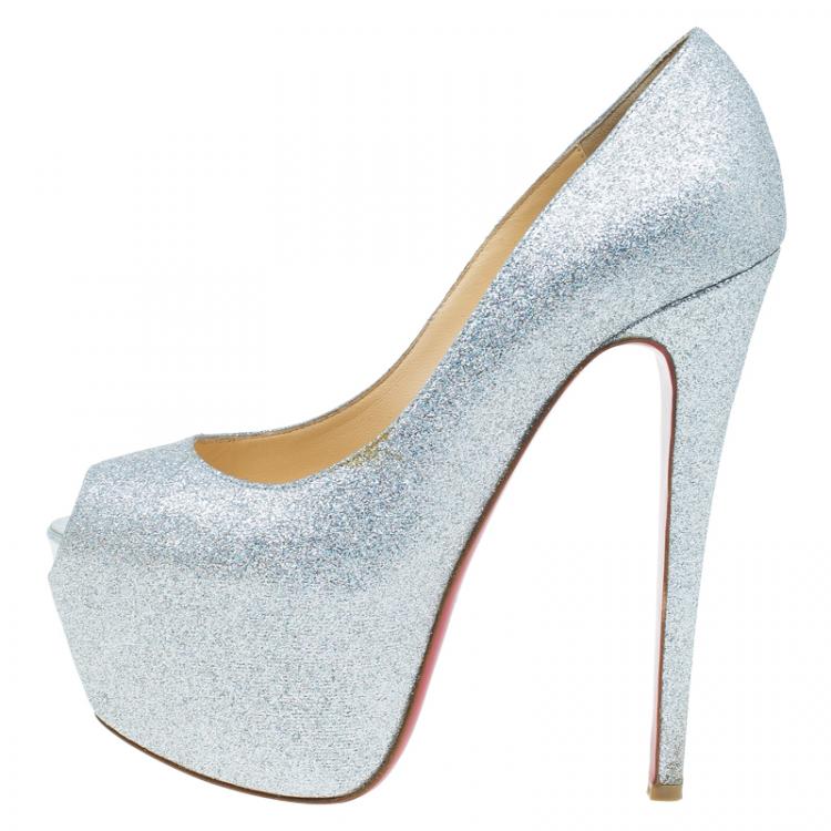 Pre Owned Christian Louboutin Silver Glitter Highness Peep Toe Platform Pumps Size 38