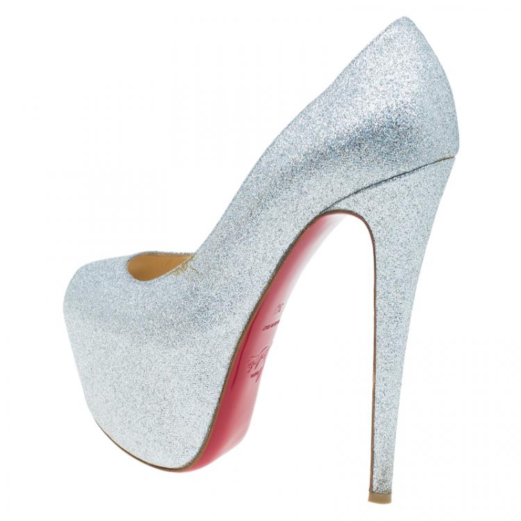 Pre Owned Christian Louboutin Silver Glitter Highness Peep Toe Platform Pumps Size 38