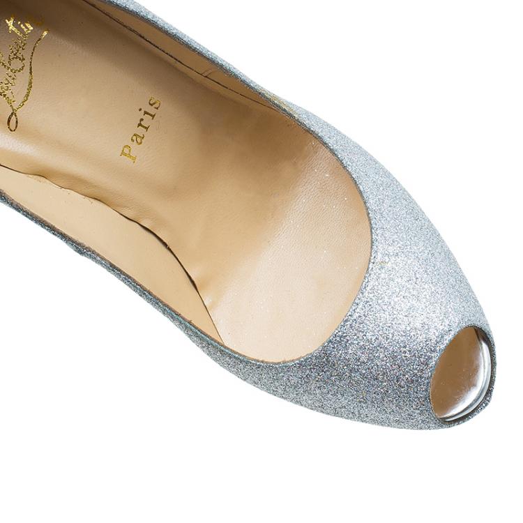 Pre Owned Christian Louboutin Silver Glitter Highness Peep Toe Platform Pumps Size 38