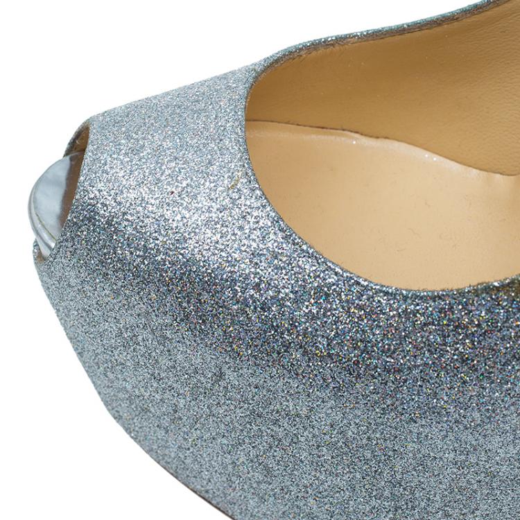 Pre Owned Christian Louboutin Silver Glitter Highness Peep Toe Platform Pumps Size 38