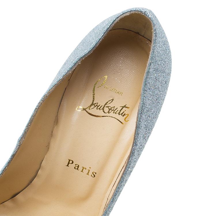 Pre Owned Christian Louboutin Silver Glitter Highness Peep Toe Platform Pumps Size 38