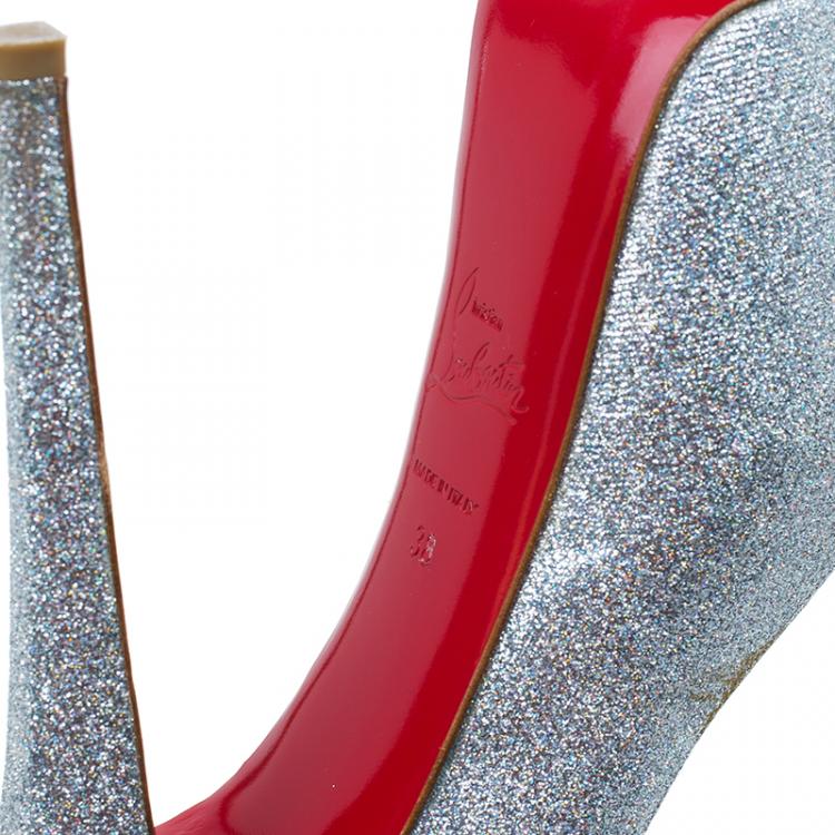 Pre Owned Christian Louboutin Silver Glitter Highness Peep Toe Platform Pumps Size 38