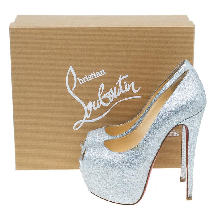 Pre Owned Christian Louboutin Silver Glitter Highness Peep Toe Platform Pumps Size 38