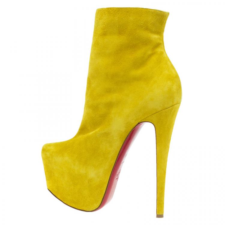 Pre Owned Christian Louboutin Yellow Suede Lady Daf Platform Ankle Boots Size 38.5