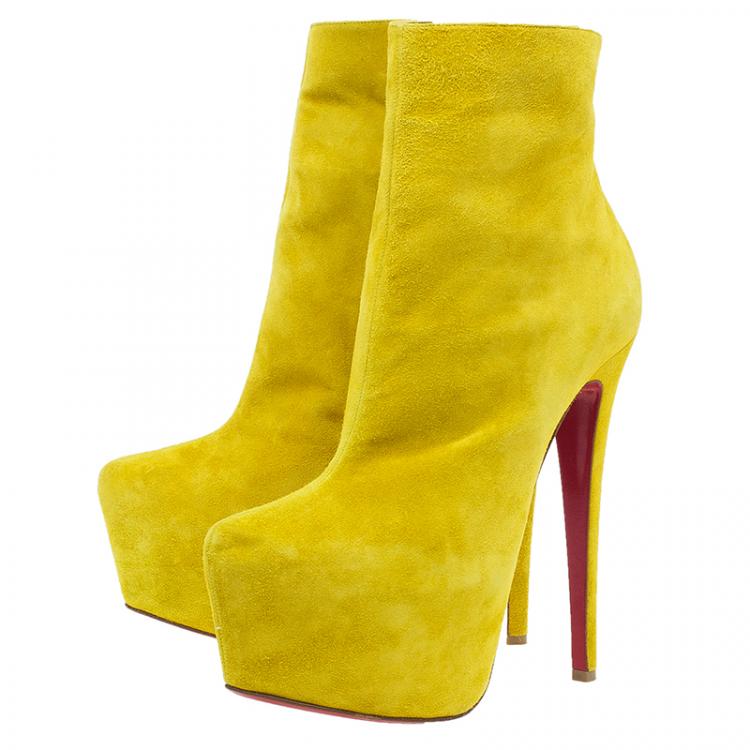 Pre Owned Christian Louboutin Yellow Suede Lady Daf Platform Ankle Boots Size 38.5