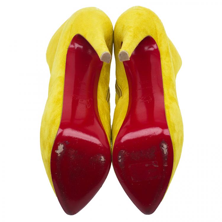 Pre Owned Christian Louboutin Yellow Suede Lady Daf Platform Ankle Boots Size 38.5
