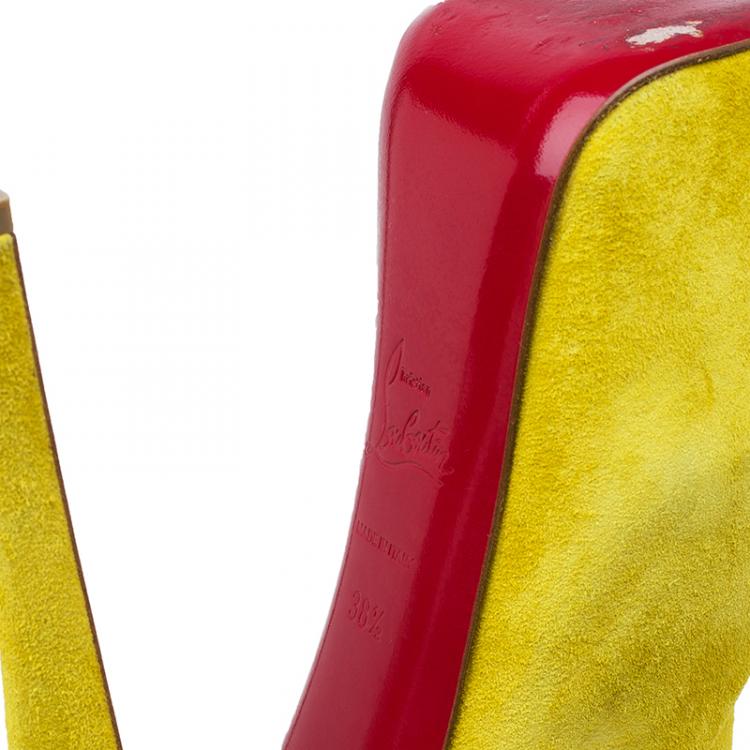 Pre Owned Christian Louboutin Yellow Suede Lady Daf Platform Ankle Boots Size 38.5