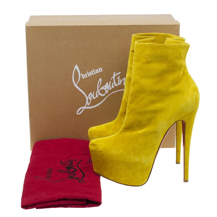 Pre Owned Christian Louboutin Yellow Suede Lady Daf Platform Ankle Boots Size 38.5