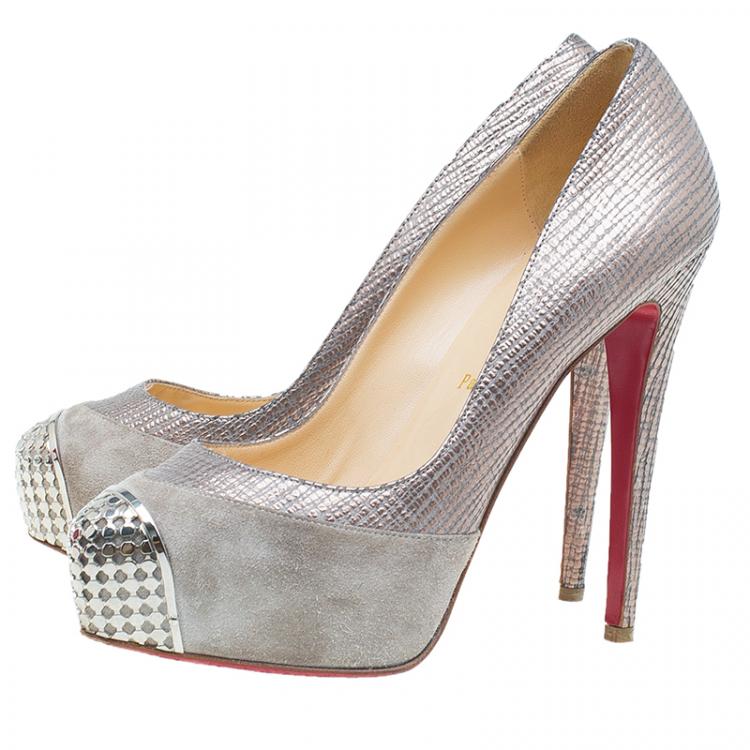 Pre Owned Christian Louboutin Grey Suede and Leather Maggie Platform Pumps Size 39