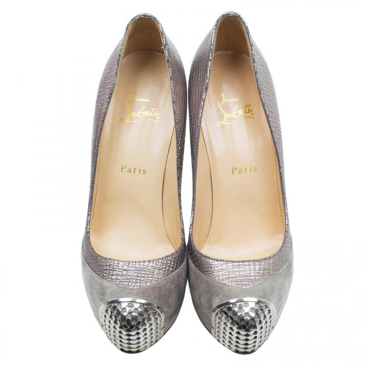 Pre Owned Christian Louboutin Grey Suede and Leather Maggie Platform Pumps Size 39