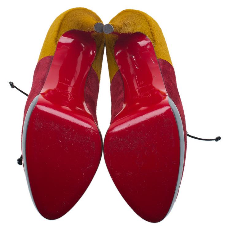 مملوكة مسبقًا Christian Louboutin Yellow Pony Hair and Red Suede Miss Poppins Lace Up Peep Toe Platform Booties Size 41