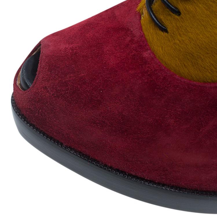 مملوكة مسبقًا Christian Louboutin Yellow Pony Hair and Red Suede Miss Poppins Lace Up Peep Toe Platform Booties Size 41