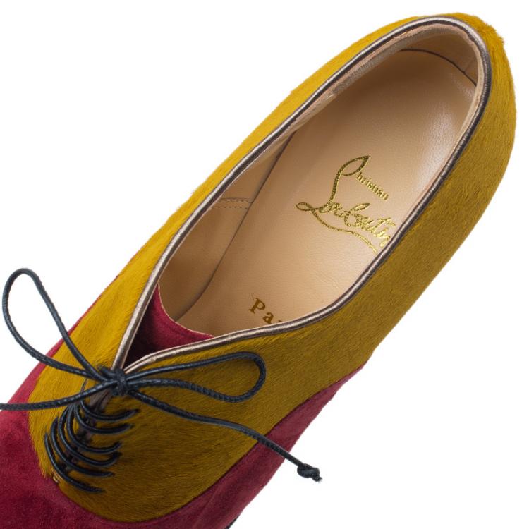 مملوكة مسبقًا Christian Louboutin Yellow Pony Hair and Red Suede Miss Poppins Lace Up Peep Toe Platform Booties Size 41