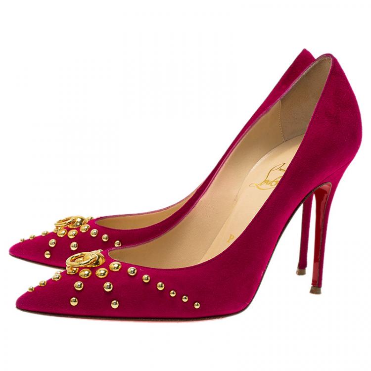 Pre Owned Christian Louboutin Pink Suede Door Knock Studded Pumps Size 37.5