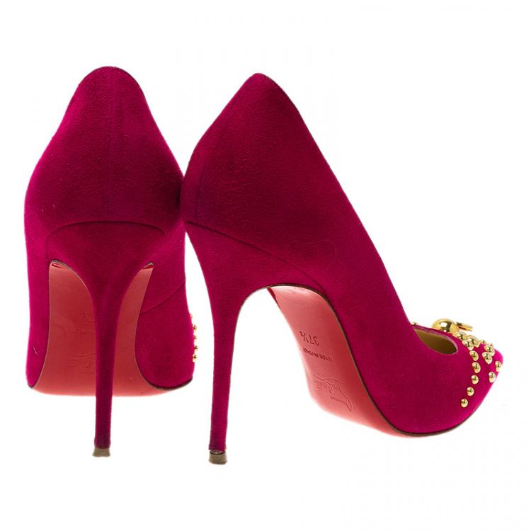 Pre Owned Christian Louboutin Pink Suede Door Knock Studded Pumps Size 37.5