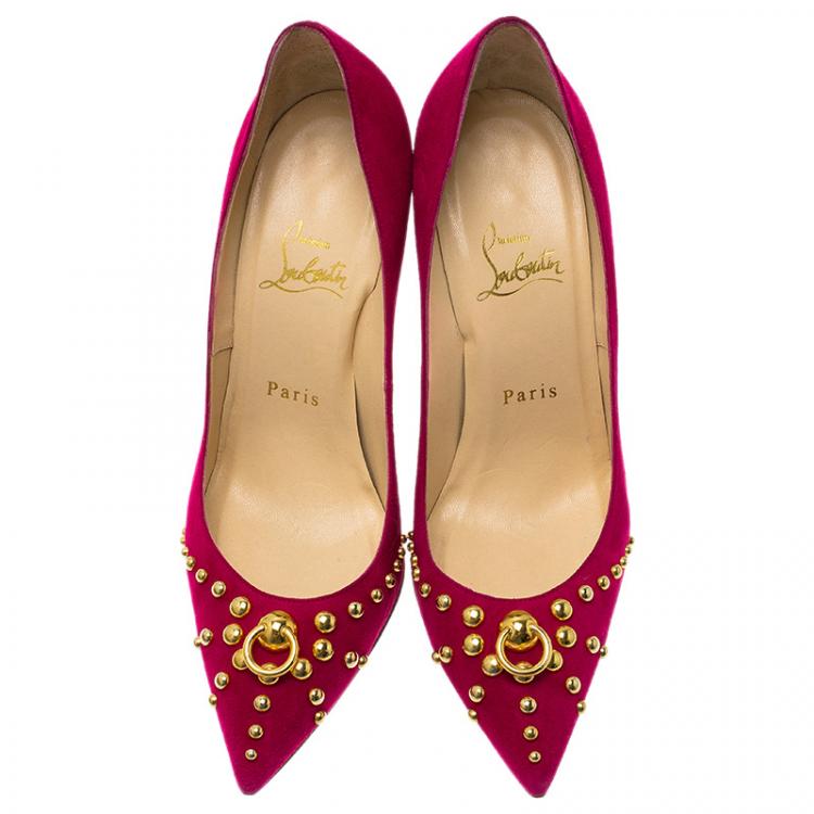 Pre Owned Christian Louboutin Pink Suede Door Knock Studded Pumps Size 37.5