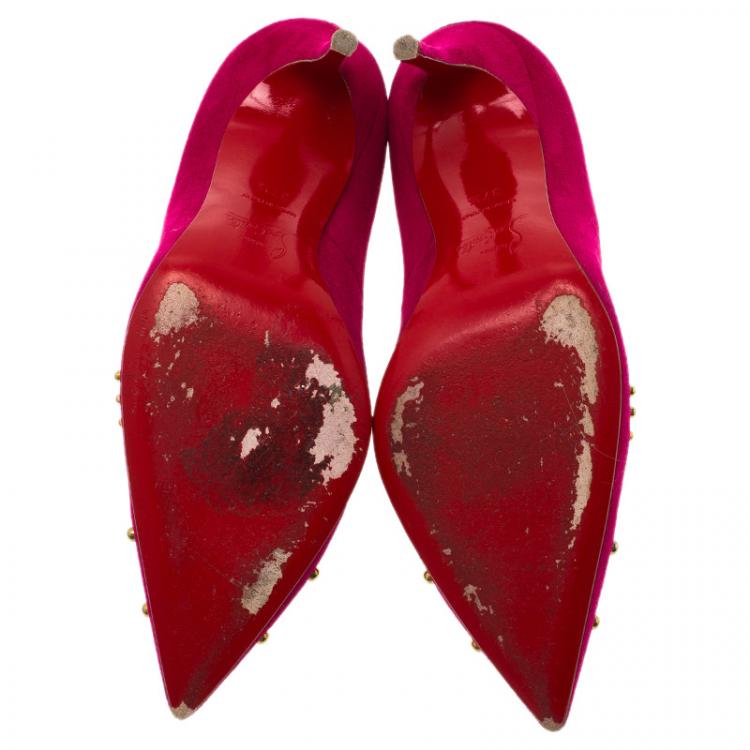 Pre Owned Christian Louboutin Pink Suede Door Knock Studded Pumps Size 37.5