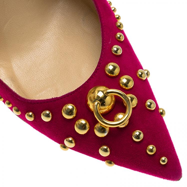 Pre Owned Christian Louboutin Pink Suede Door Knock Studded Pumps Size 37.5