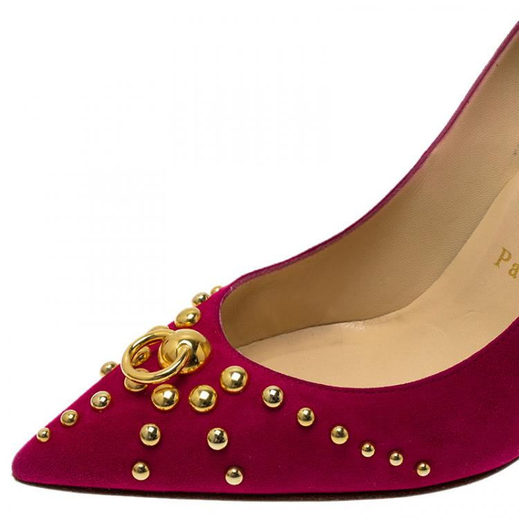 Pre Owned Christian Louboutin Pink Suede Door Knock Studded Pumps Size 37.5
