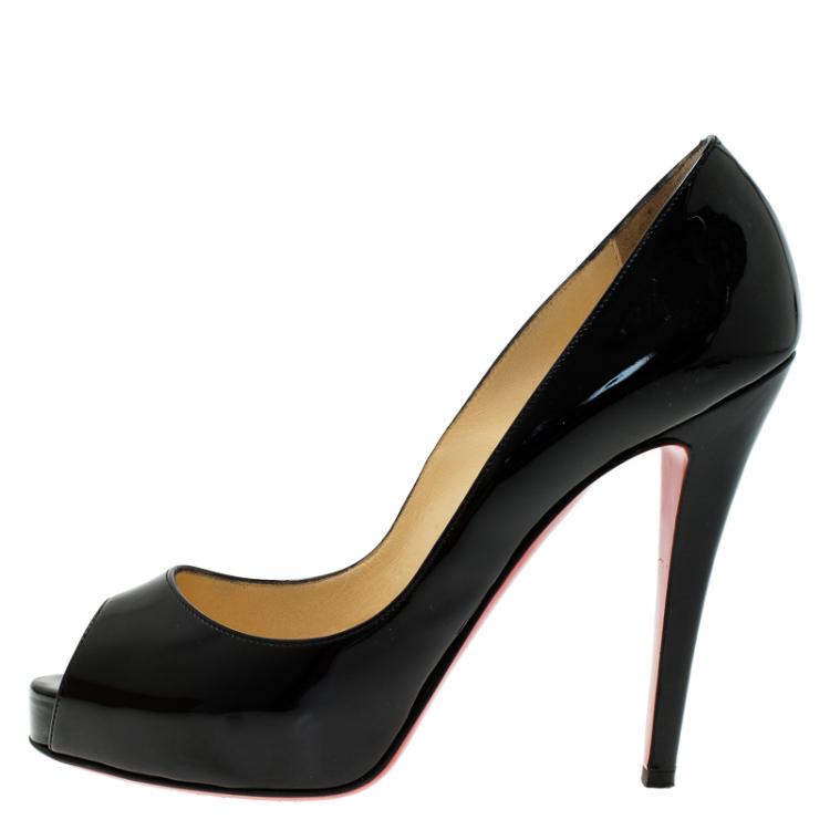 Pre Owned Christian Louboutin Black Patent Very Prive Peep Toe Pumps Size 38.5