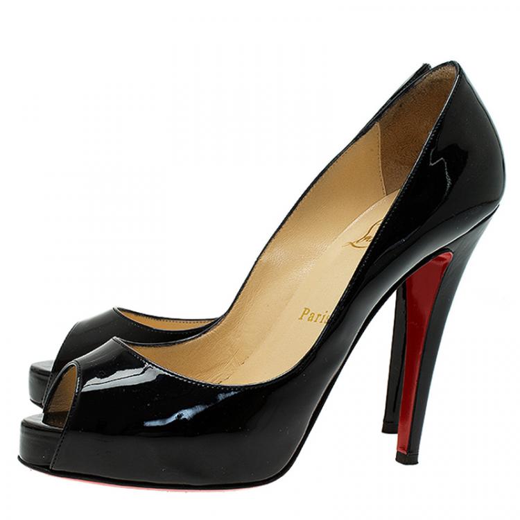 Pre Owned Christian Louboutin Black Patent Very Prive Peep Toe Pumps Size 38.5