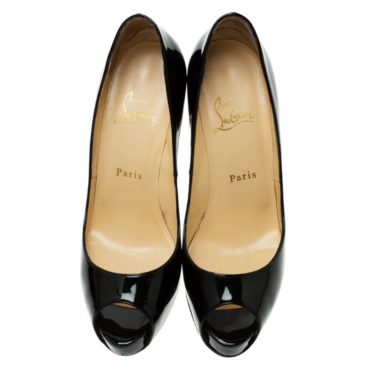 Pre Owned Christian Louboutin Black Patent Very Prive Peep Toe Pumps Size 38.5