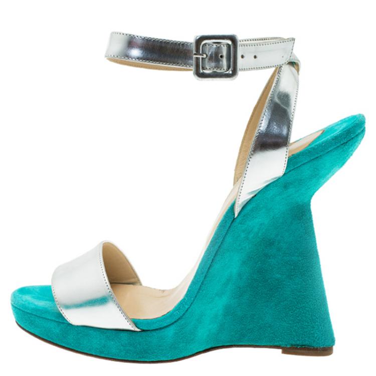 Pre Owned Christian Louboutin Djaldos Spechio Colorblock Ankle Strap Wedges Size 40