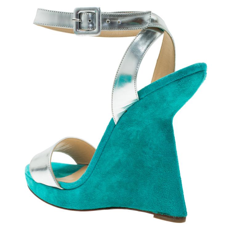 Pre Owned Christian Louboutin Djaldos Spechio Colorblock Ankle Strap Wedges Size 40