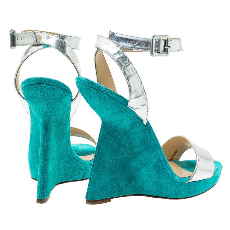 Pre Owned Christian Louboutin Djaldos Spechio Colorblock Ankle Strap Wedges Size 40