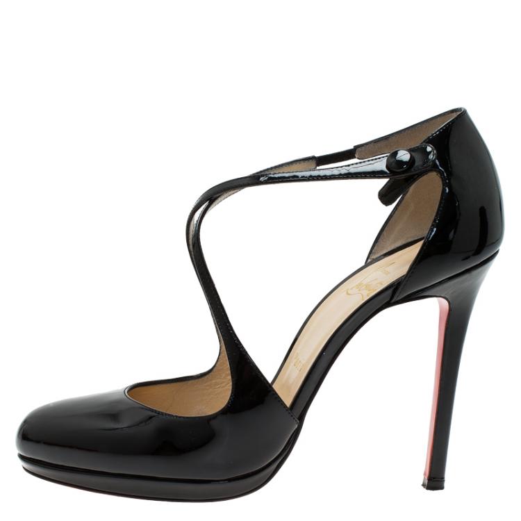 Pre Owned Christian Louboutin Black Patent Crosspiga Almond Toe Platform Pumps Size 39