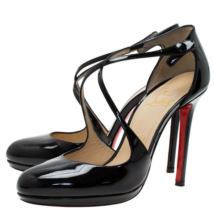 Pre Owned Christian Louboutin Black Patent Crosspiga Almond Toe Platform Pumps Size 39