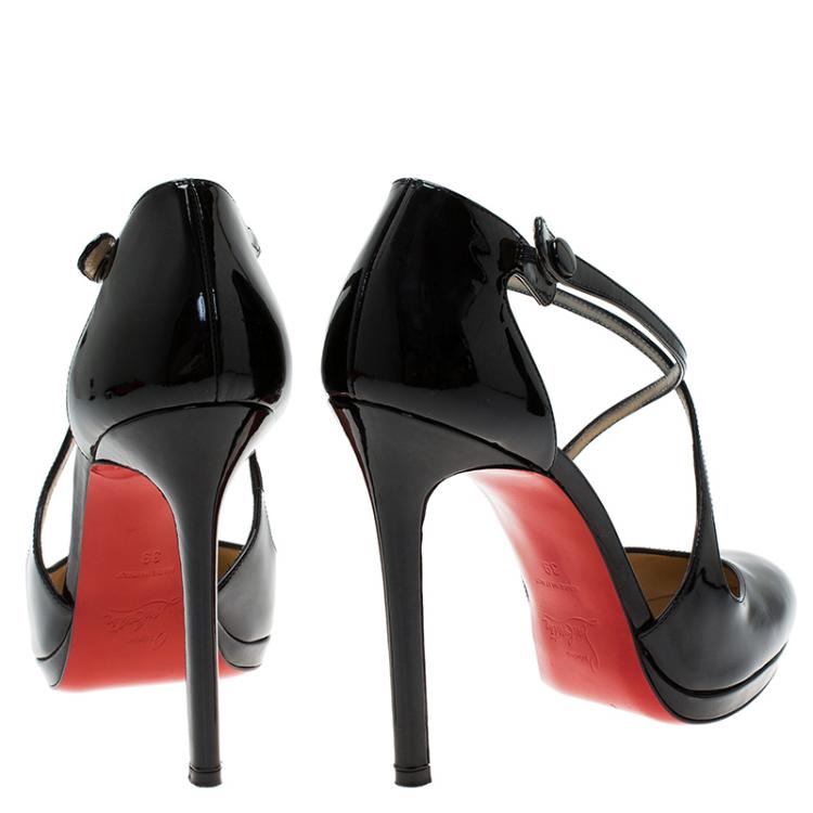 Pre Owned Christian Louboutin Black Patent Crosspiga Almond Toe Platform Pumps Size 39