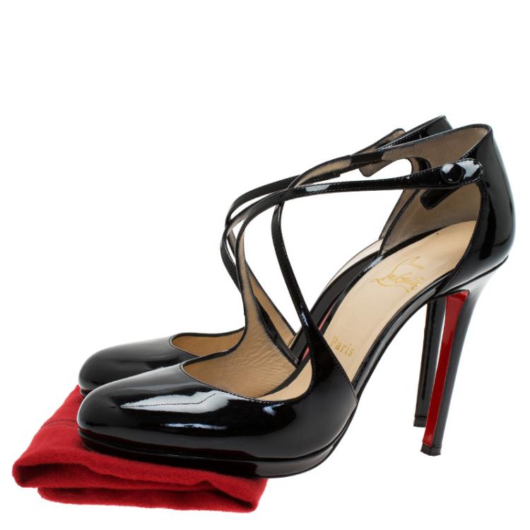 Pre Owned Christian Louboutin Black Patent Crosspiga Almond Toe Platform Pumps Size 39