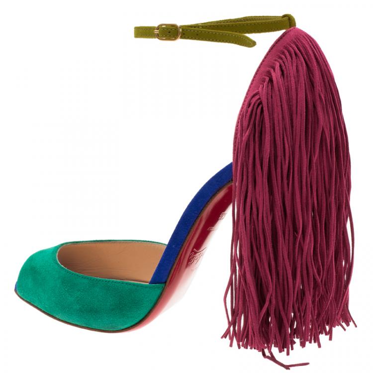 Pre Owned Christian Louboutin Tri Color Otrot Fringe Sandals Size 36.5