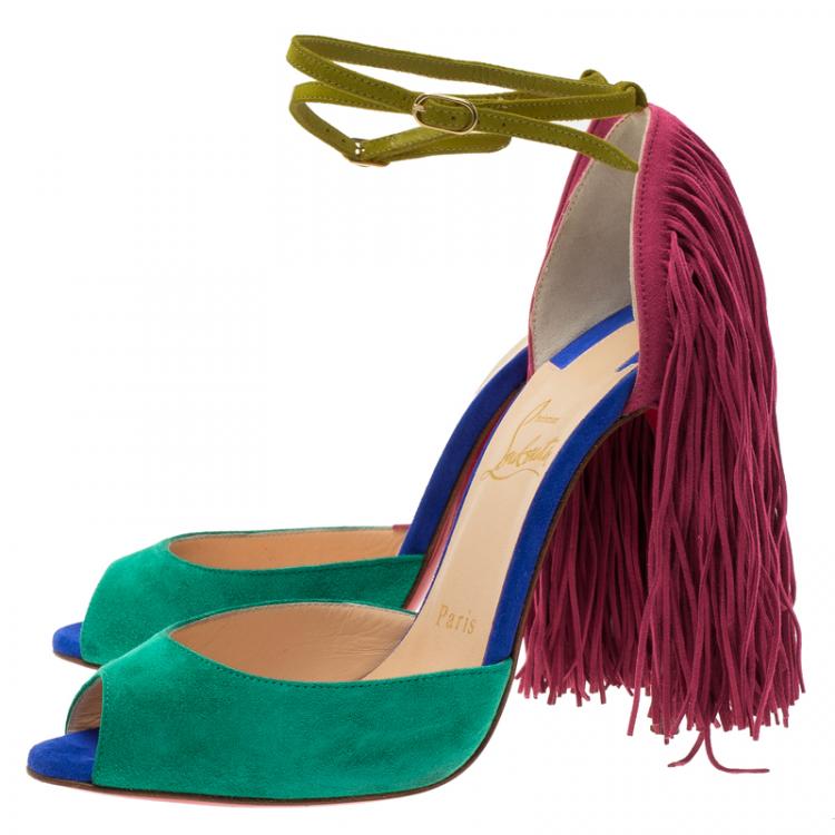 Pre Owned Christian Louboutin Tri Color Otrot Fringe Sandals Size 36.5