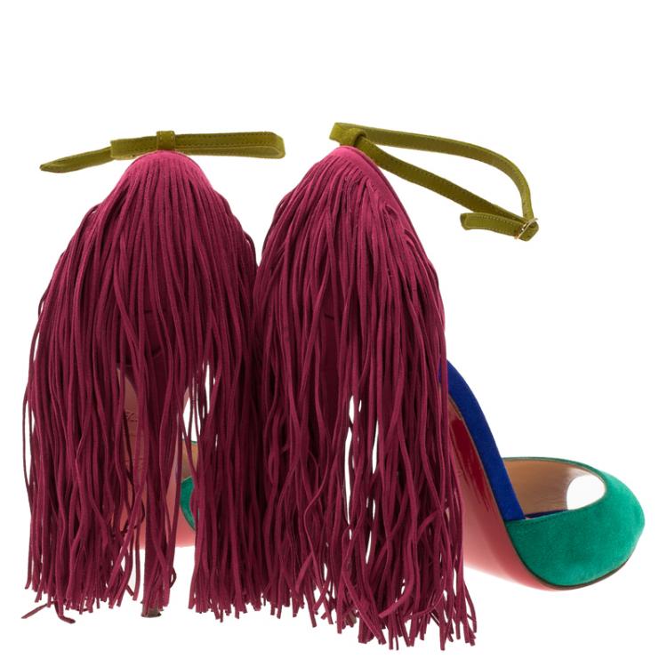 Pre Owned Christian Louboutin Tri Color Otrot Fringe Sandals Size 36.5