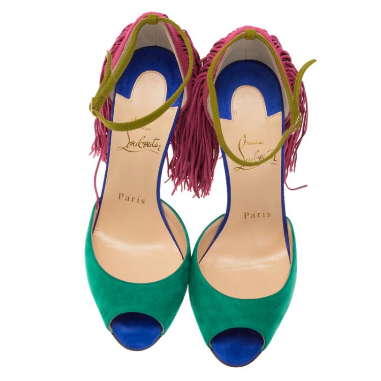 Pre Owned Christian Louboutin Tri Color Otrot Fringe Sandals Size 36.5