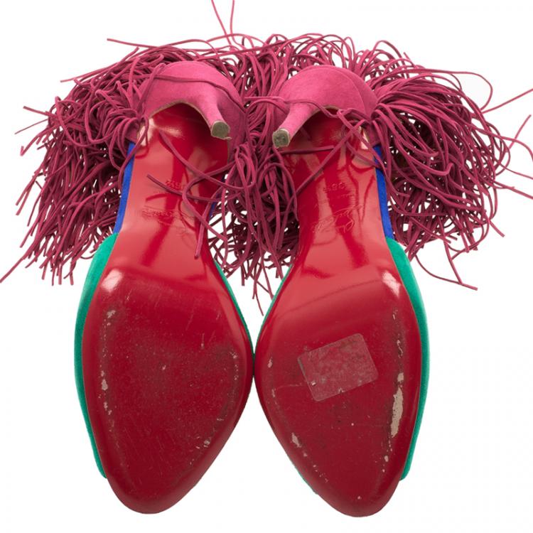 Pre Owned Christian Louboutin Tri Color Otrot Fringe Sandals Size 36.5