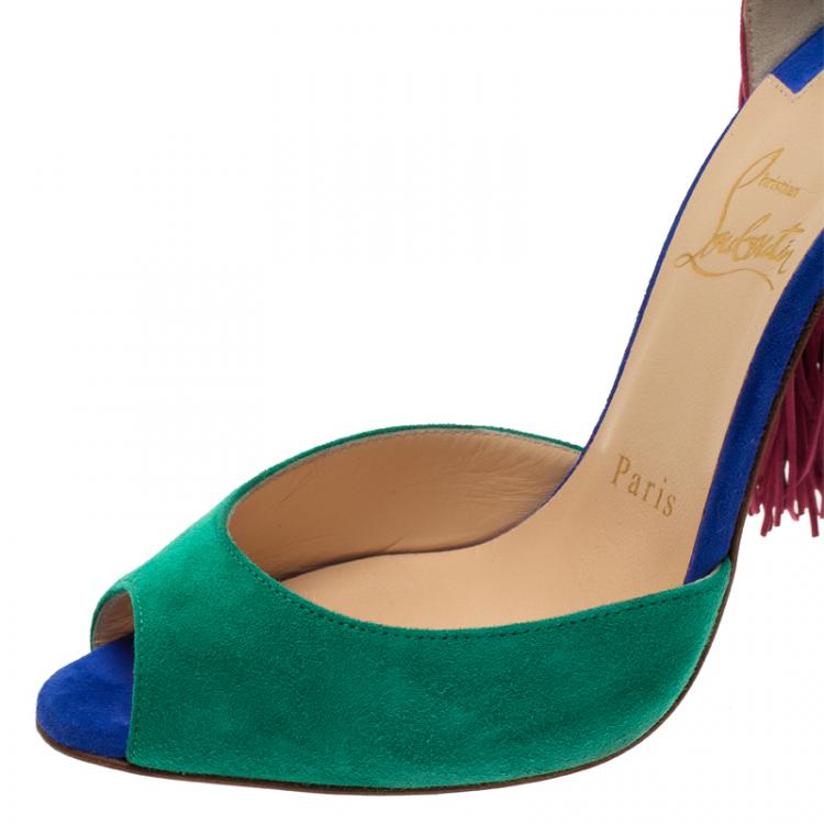 Pre Owned Christian Louboutin Tri Color Otrot Fringe Sandals Size 36.5