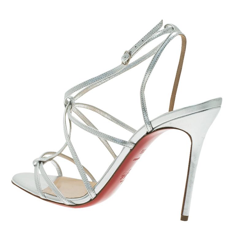 Pre Owned Christian Louboutin Metallic Silver Audrey Strappy Sandals Size 38.5