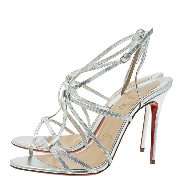 Pre Owned Christian Louboutin Metallic Silver Audrey Strappy Sandals Size 38.5