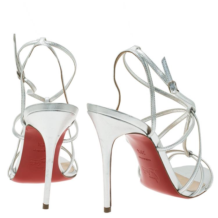 Pre Owned Christian Louboutin Metallic Silver Audrey Strappy Sandals Size 38.5