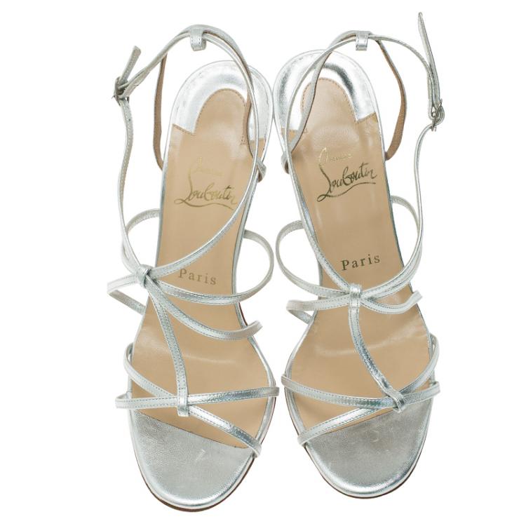 Pre Owned Christian Louboutin Metallic Silver Audrey Strappy Sandals Size 38.5