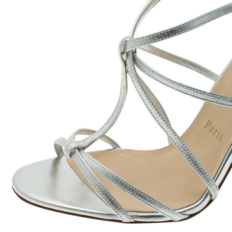 Pre Owned Christian Louboutin Metallic Silver Audrey Strappy Sandals Size 38.5